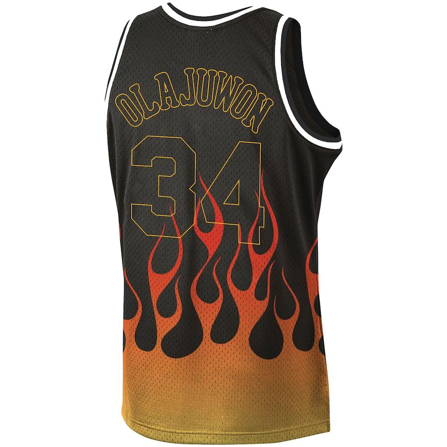 H.Rockets #34 Hakeem Olajuwon Mitchell & Ness 1993-94 Hardwood Classics Flames Swingman Jersey Black Stitched American Basketball Jersey