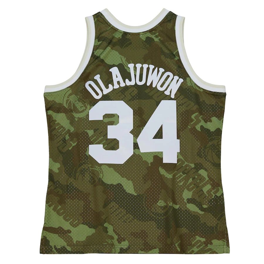 H.Rockets #34 Hakeem Olajuwon Mitchell & Ness Unisex Hardwood Classics 1993-94 Ghost Green Swingman Jersey Camo Stitched American Basketball Jersey